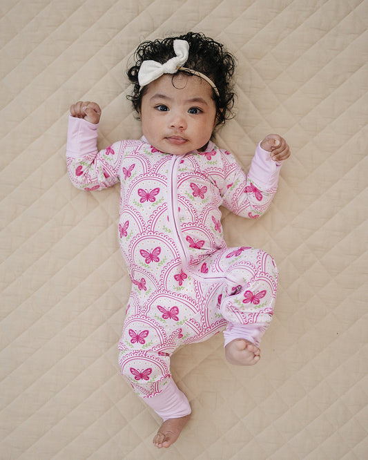 Bamboo Zip Romper | Pink Butterfly